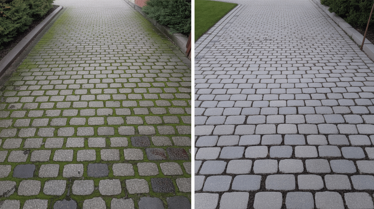 Before and after: Kopfsteinpflaster Einfahrt